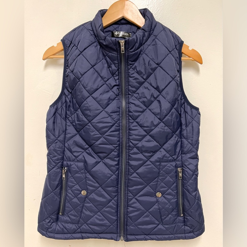 Fuinloth Women's Navy Blue Quilted Lightweight Zip Up Vest Front Pockets Size S